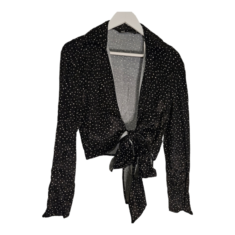 NWT ZARA Black White Polka Dot Satin Tie Front Bow Detail Blouse Size Small
